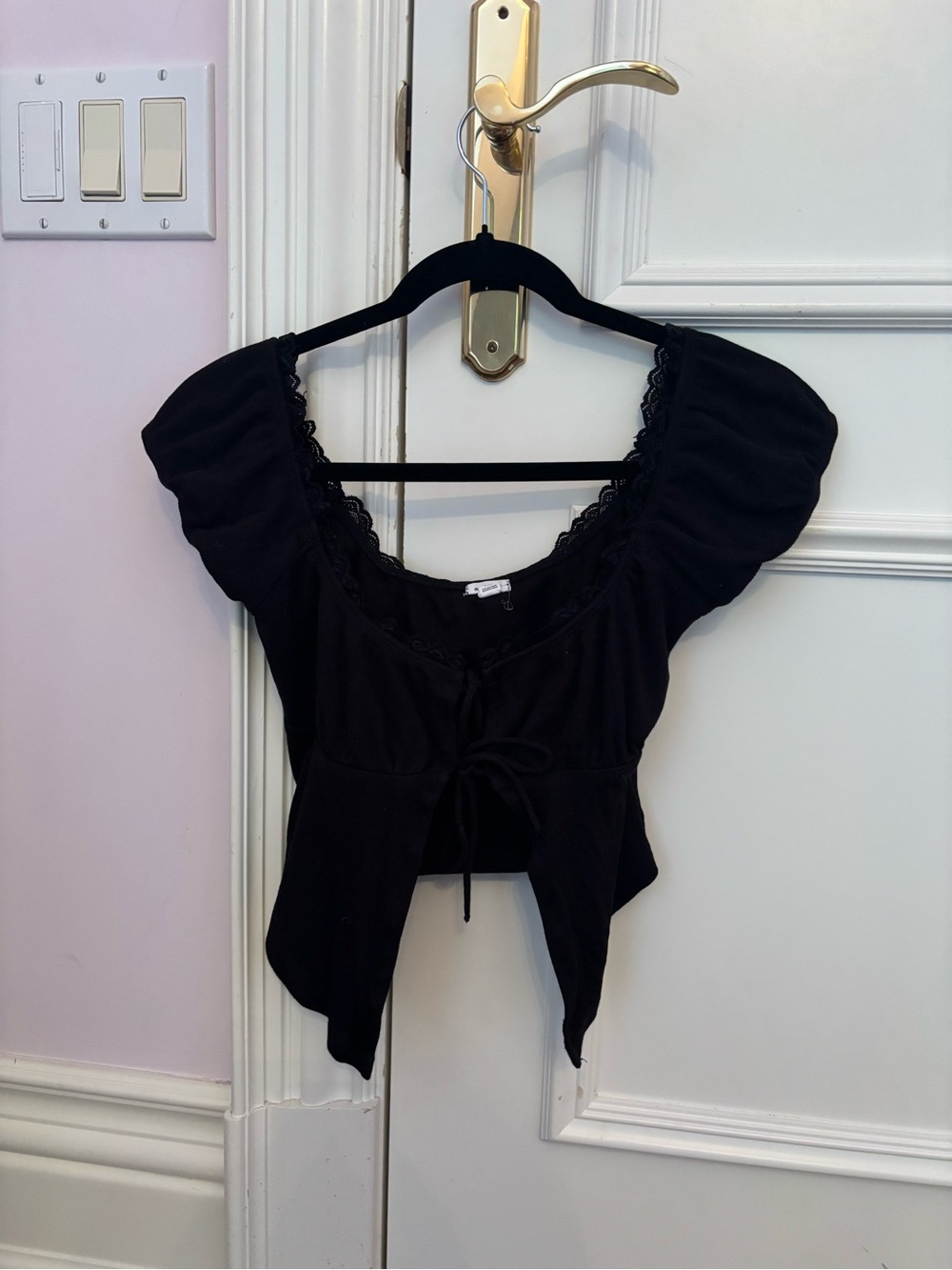 Garage Black Lace-Trim Puff Sleeve Tie-Front Crop Top